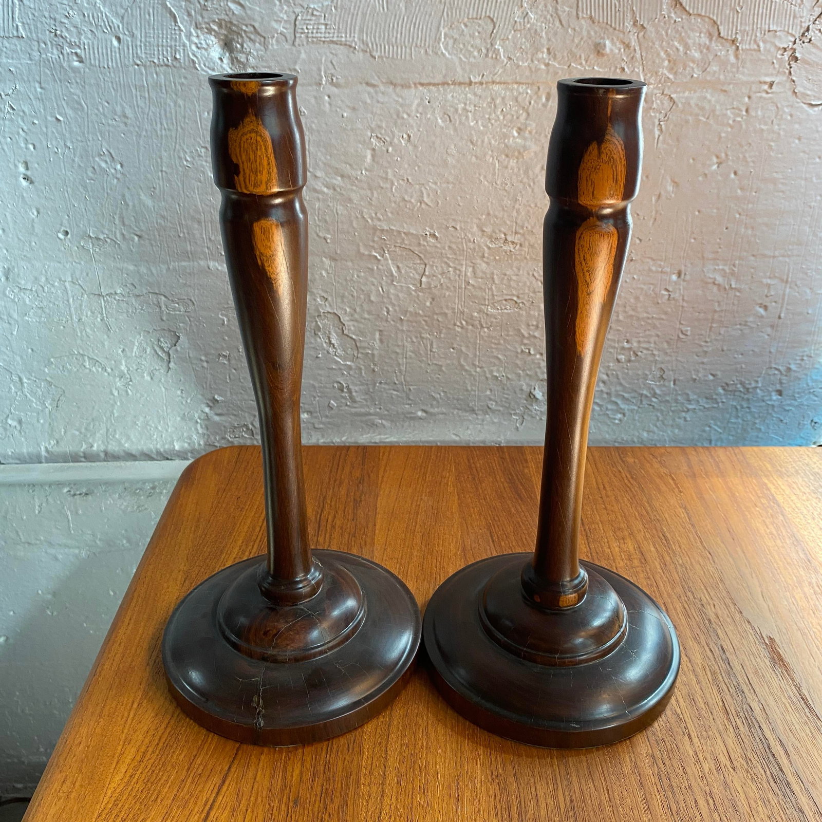 20th C. Pair of Mid-Century Modern Tall Turned Rosewood Candle Holders - 7
