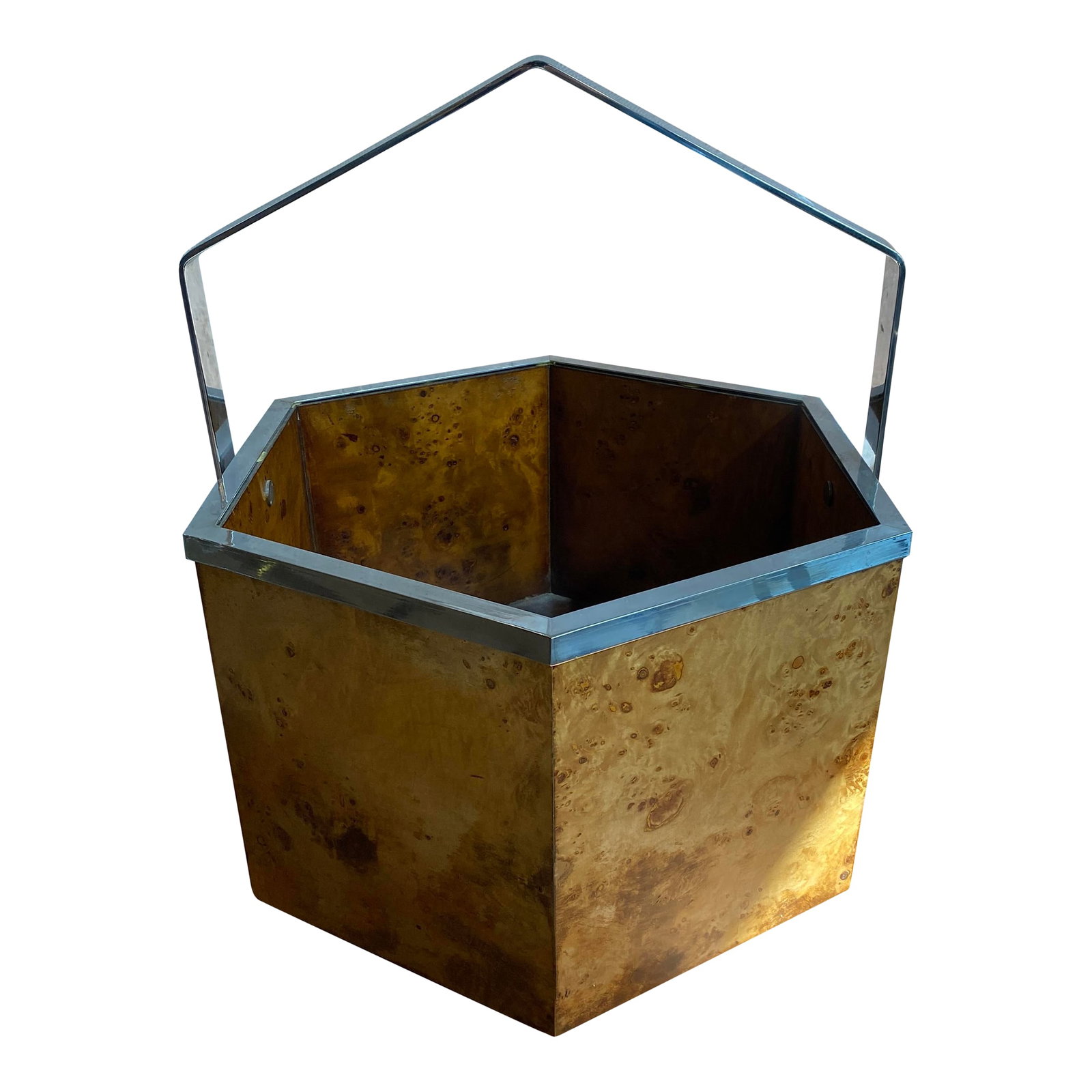 1970s Modernist Hexagonal Burl Olive Wood Chrome Handle Basket: This mid-century Modernist basket is circa the 1970's. The basket is a bold, hexagonal shape wrapped in rich burl wood veneer. The swirling grain patterns are framed in a sleek chrome trim with a matc