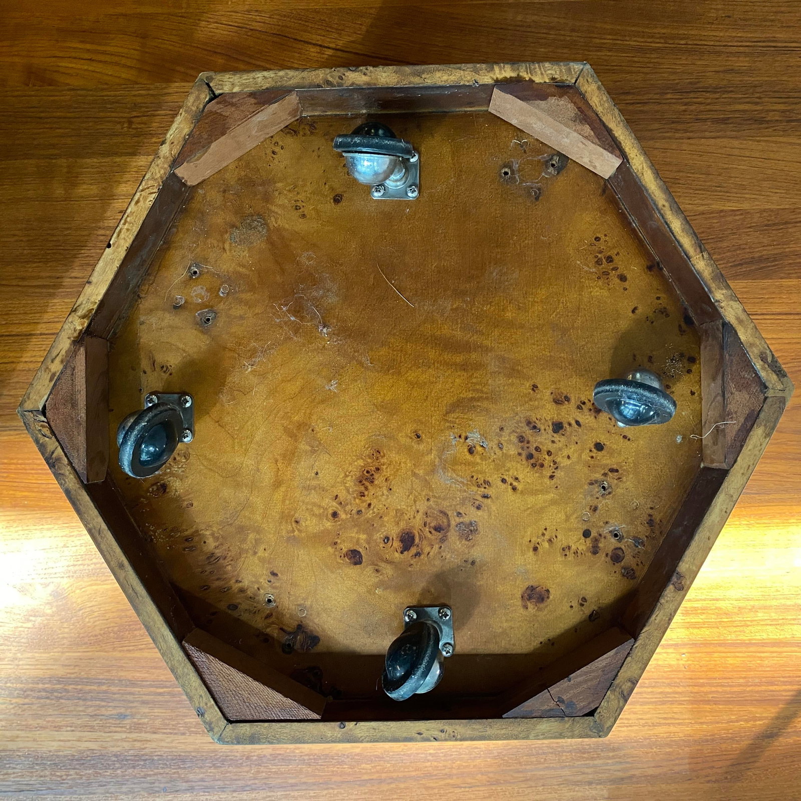 1970s Modernist Hexagonal Burl Olive Wood Chrome Handle Basket - 8