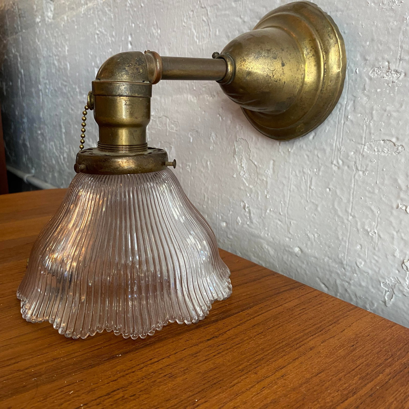 Antique Industrial Brass Wall Sconce With Holophane Glass Shade - 10
