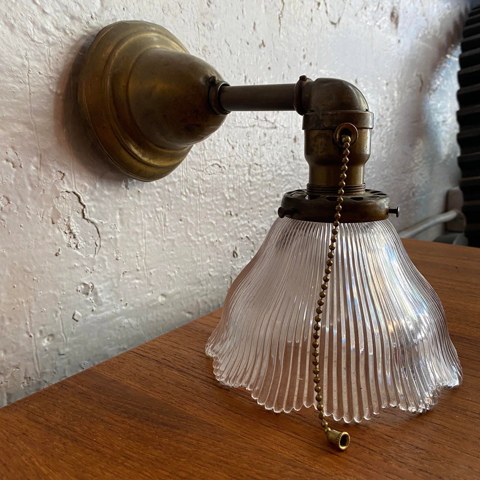 Antique Industrial Brass Wall Sconce With Holophane Glass Shade - 11
