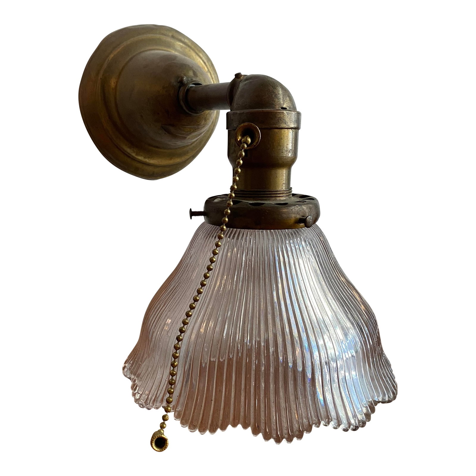 Antique Industrial Brass Wall Sconce With Holophane Glass Shade (1 of 13)