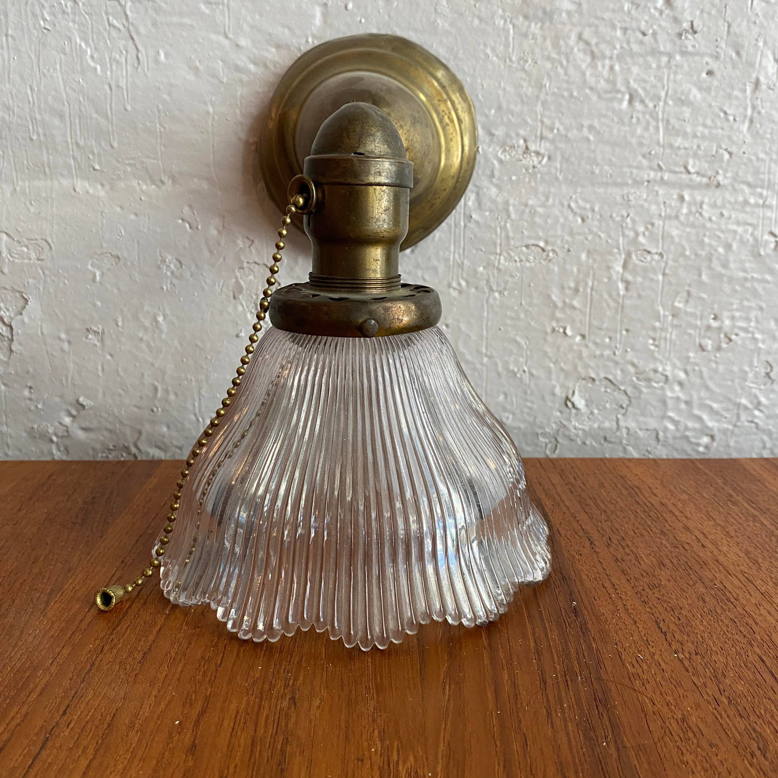 Antique Industrial Brass Wall Sconce With Holophane Glass Shade - 2