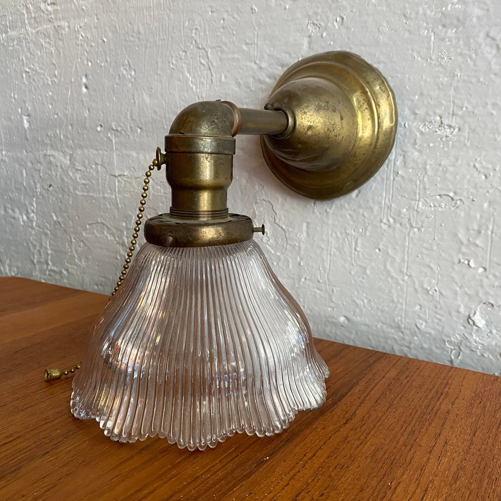 Antique Industrial Brass Wall Sconce With Holophane Glass Shade - 3