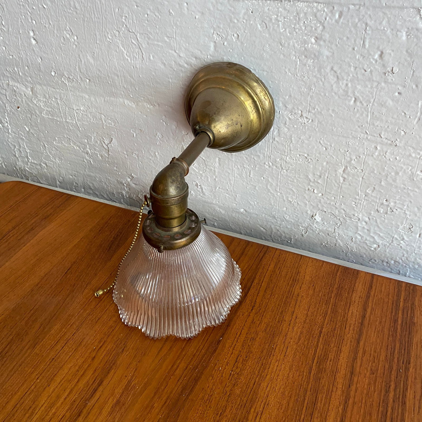 Antique Industrial Brass Wall Sconce With Holophane Glass Shade - 4