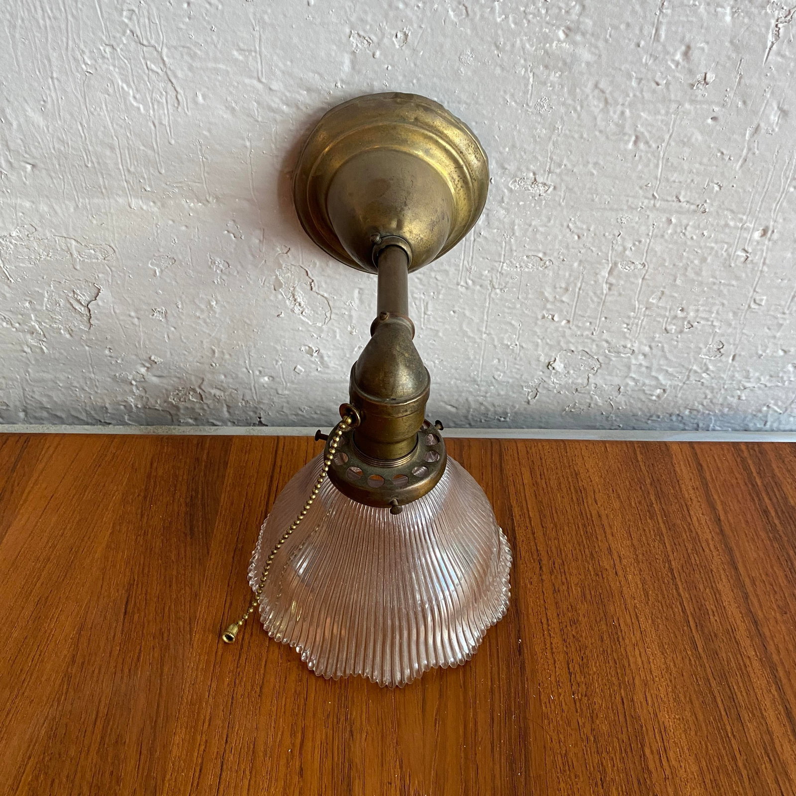 Antique Industrial Brass Wall Sconce With Holophane Glass Shade - 5