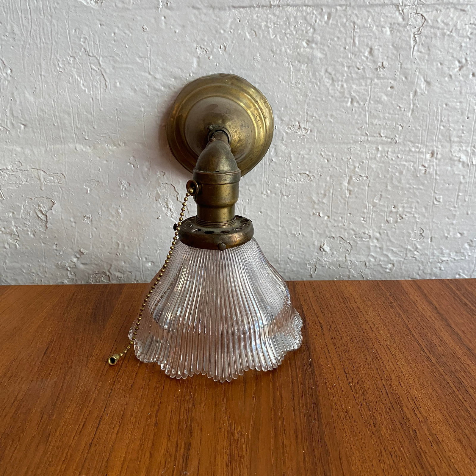 Antique Industrial Brass Wall Sconce With Holophane Glass Shade - 6