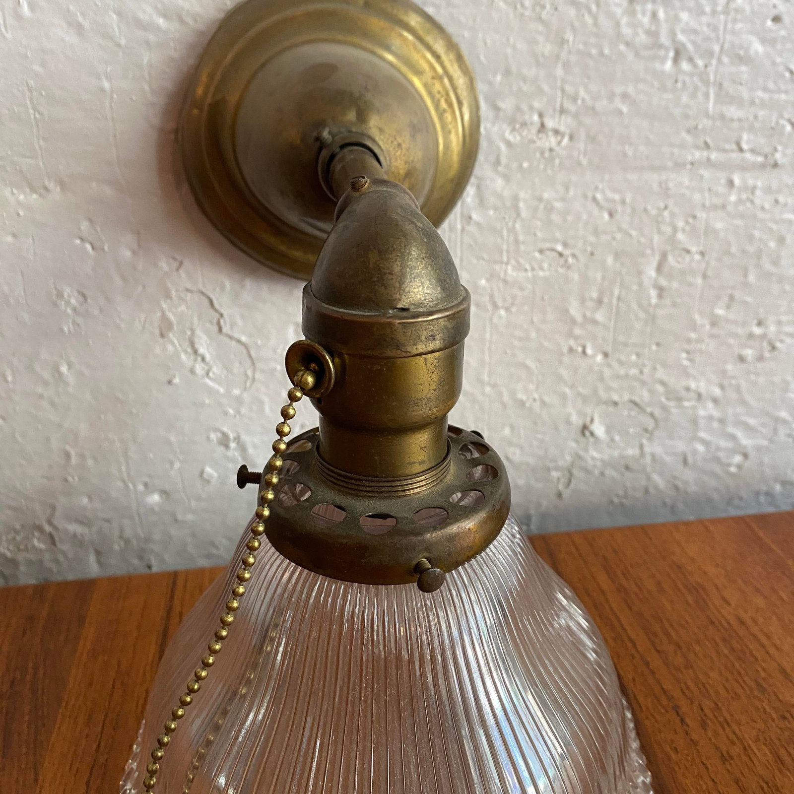 Antique Industrial Brass Wall Sconce With Holophane Glass Shade - 7