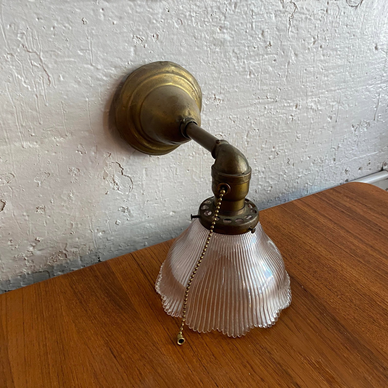 Antique Industrial Brass Wall Sconce With Holophane Glass Shade - 8
