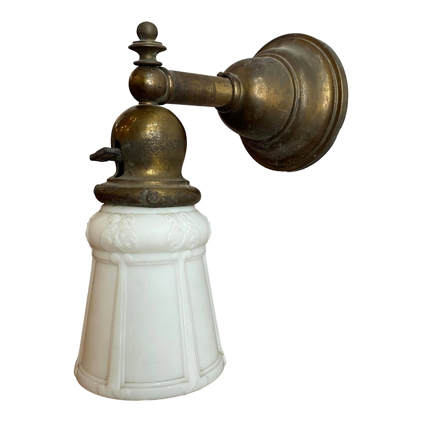 Antique Industrial Brass Wall Sconce With Frosted Glass Shade: This early 20th-century industrial wall sconce features a brass pipe arm paired with an elegant frosted pressed glass shade. The flat paddle turn-key switch is clearly stamped "UNION", identifying