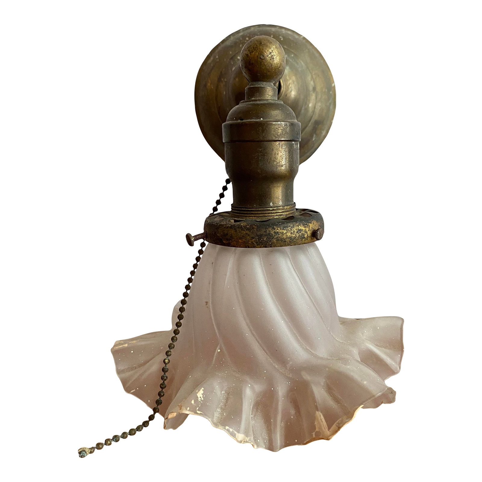 Antique Industrial Brass Wall Sconce With Frosted Ruffle Shade: Dating from the early 20th century, this early industrial wall sconce pairs a solid brass pipe arm with an elegant ruffled frosted glass shade. The shade features a dynamic molded swirl pattern that