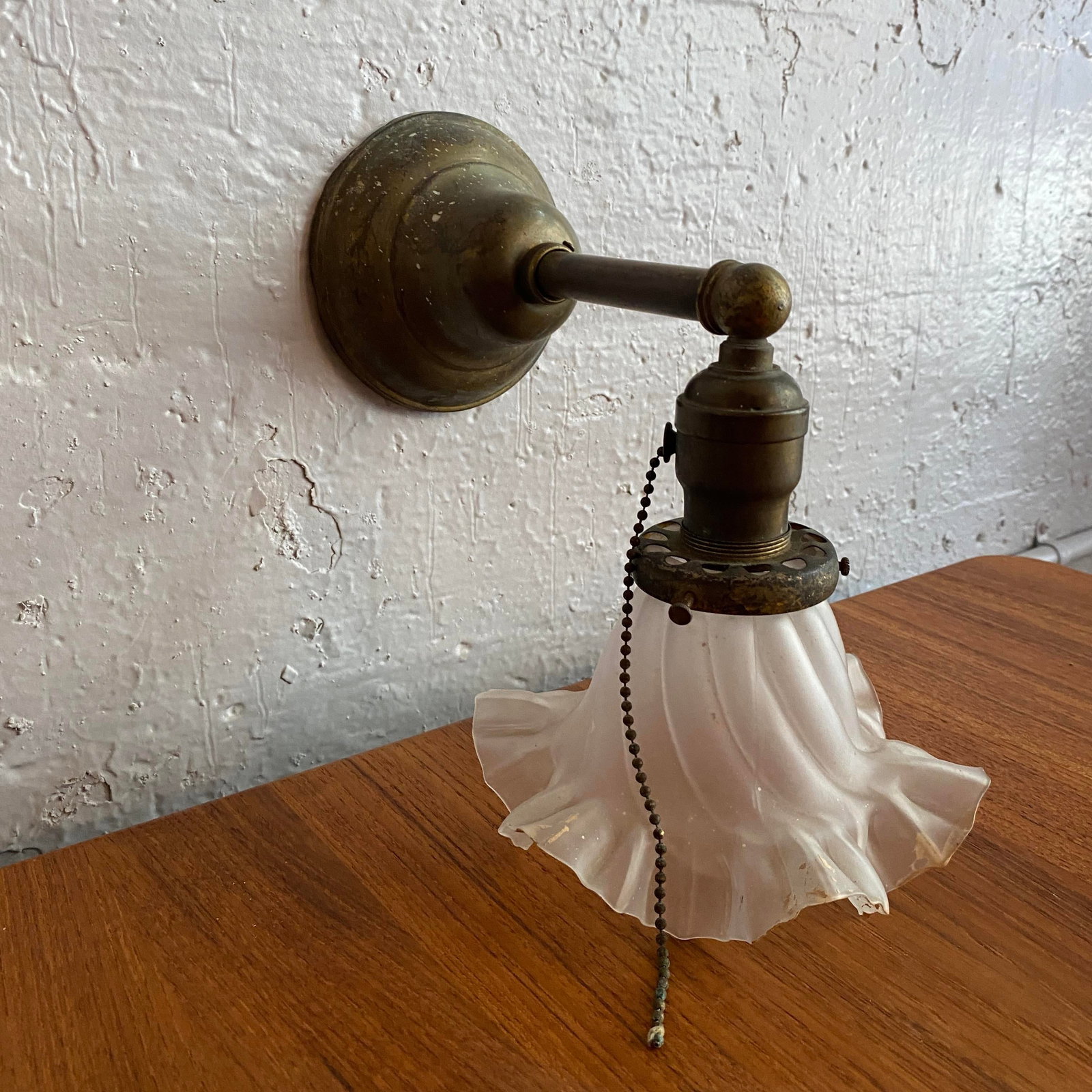 Antique Industrial Brass Wall Sconce With Frosted Ruffle Shade - 6