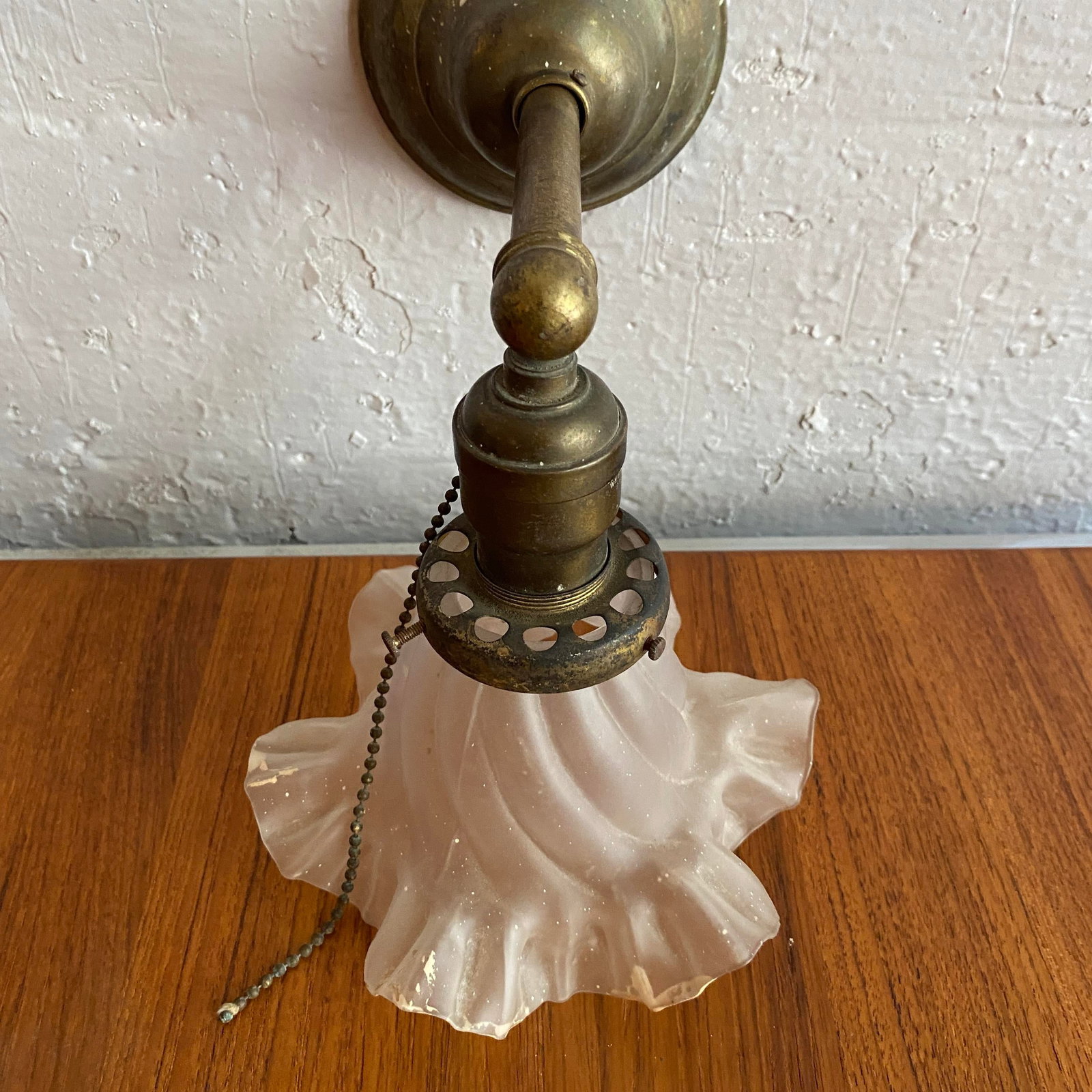 Antique Industrial Brass Wall Sconce With Frosted Ruffle Shade - 7