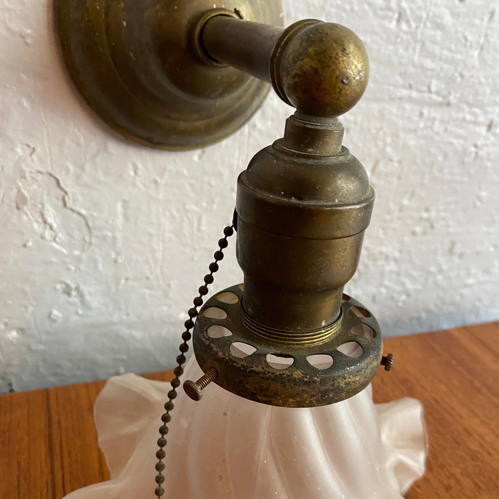 Antique Industrial Brass Wall Sconce With Frosted Ruffle Shade - 8