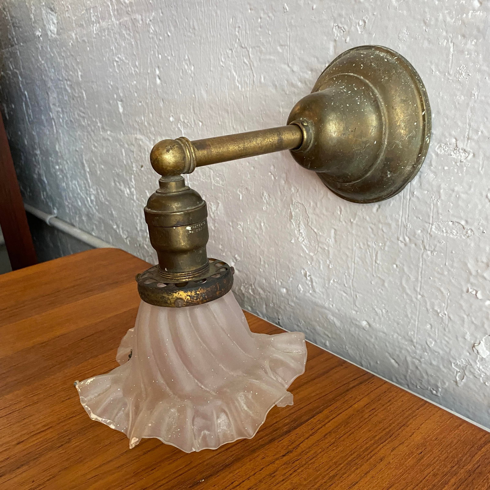 Antique Industrial Brass Wall Sconce With Frosted Ruffle Shade - 9