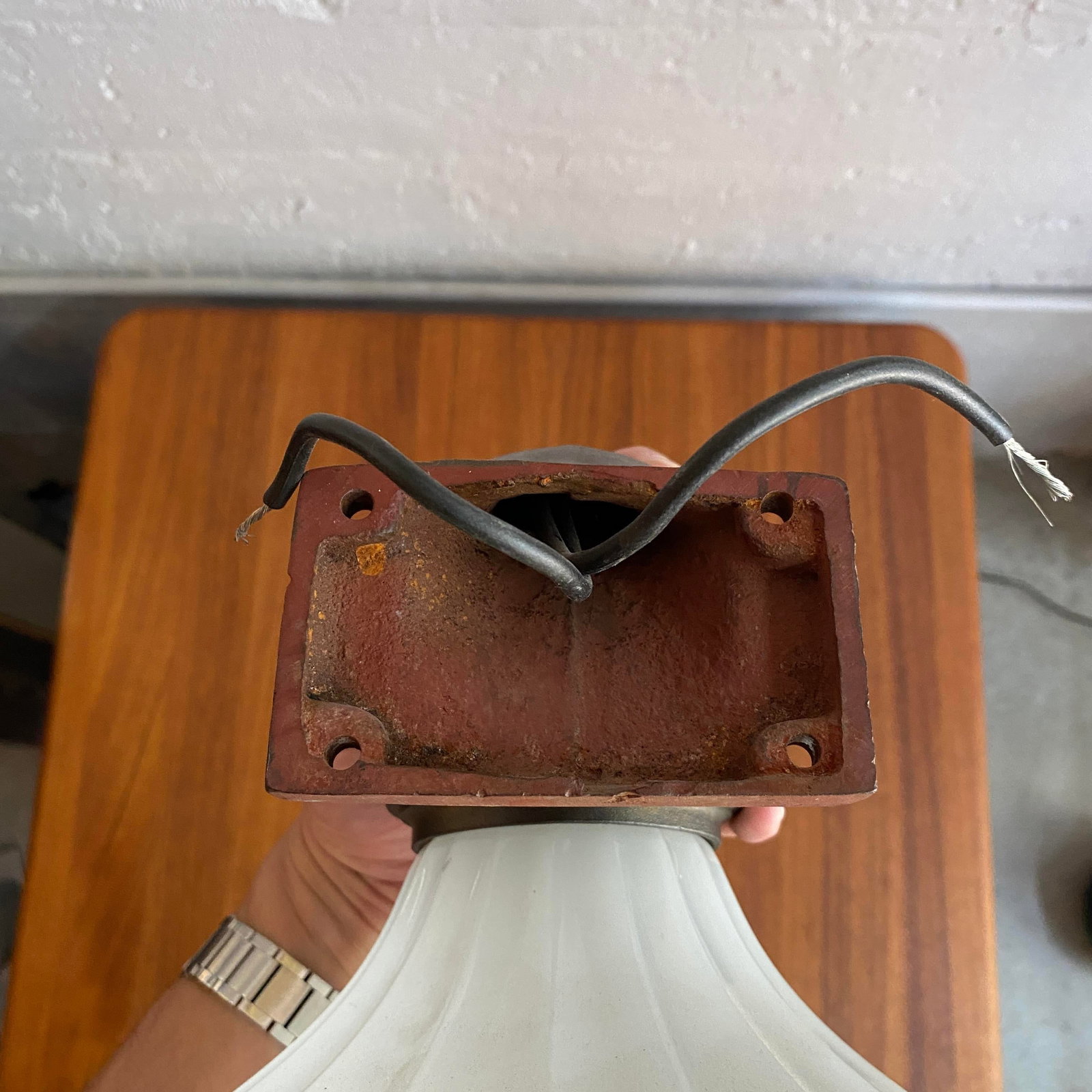 Antique Industrial Cast Iron Wall Sconce With Milk Glass Shade - 12