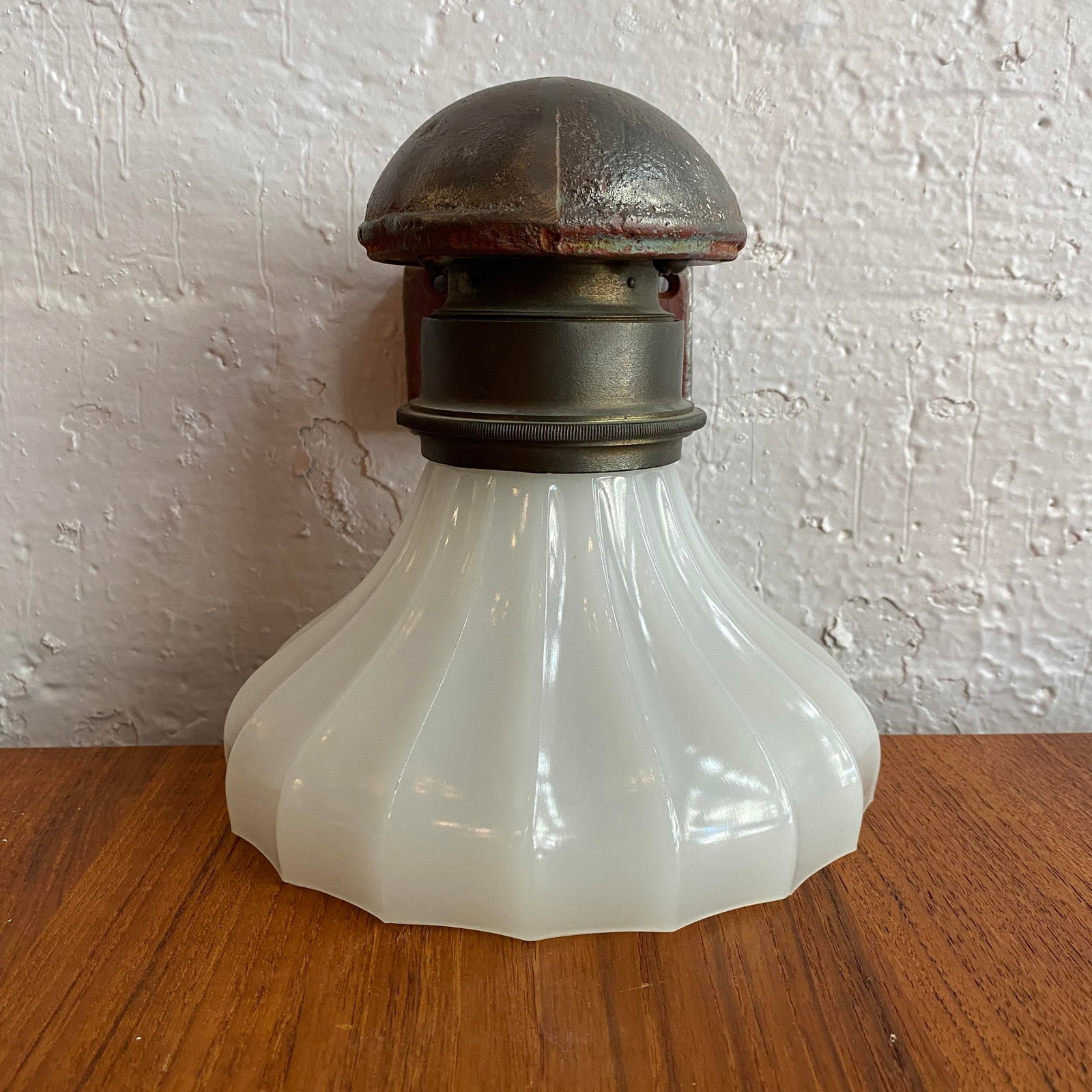 Antique Industrial Cast Iron Wall Sconce With Milk Glass Shade - 2