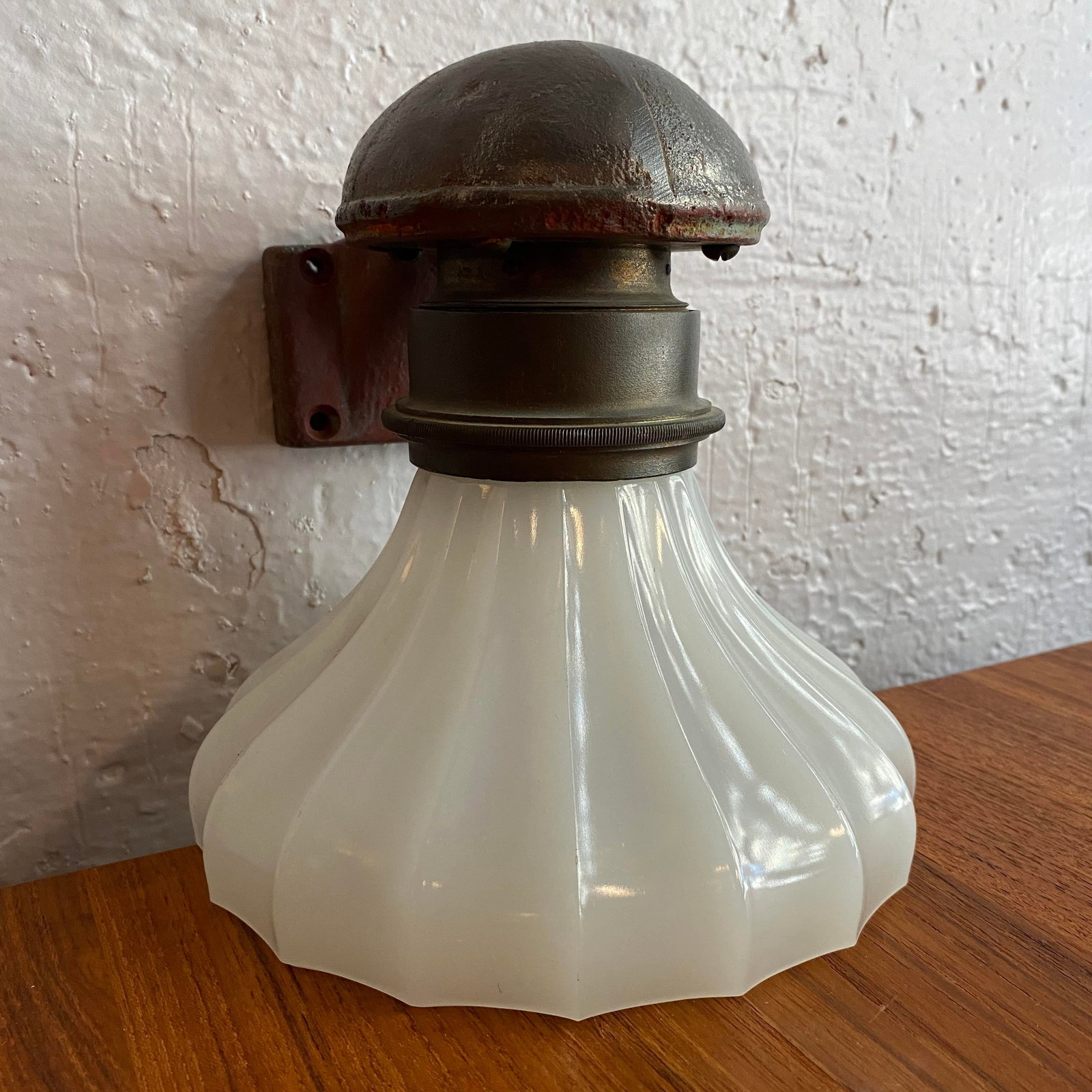 Antique Industrial Cast Iron Wall Sconce With Milk Glass Shade - 3