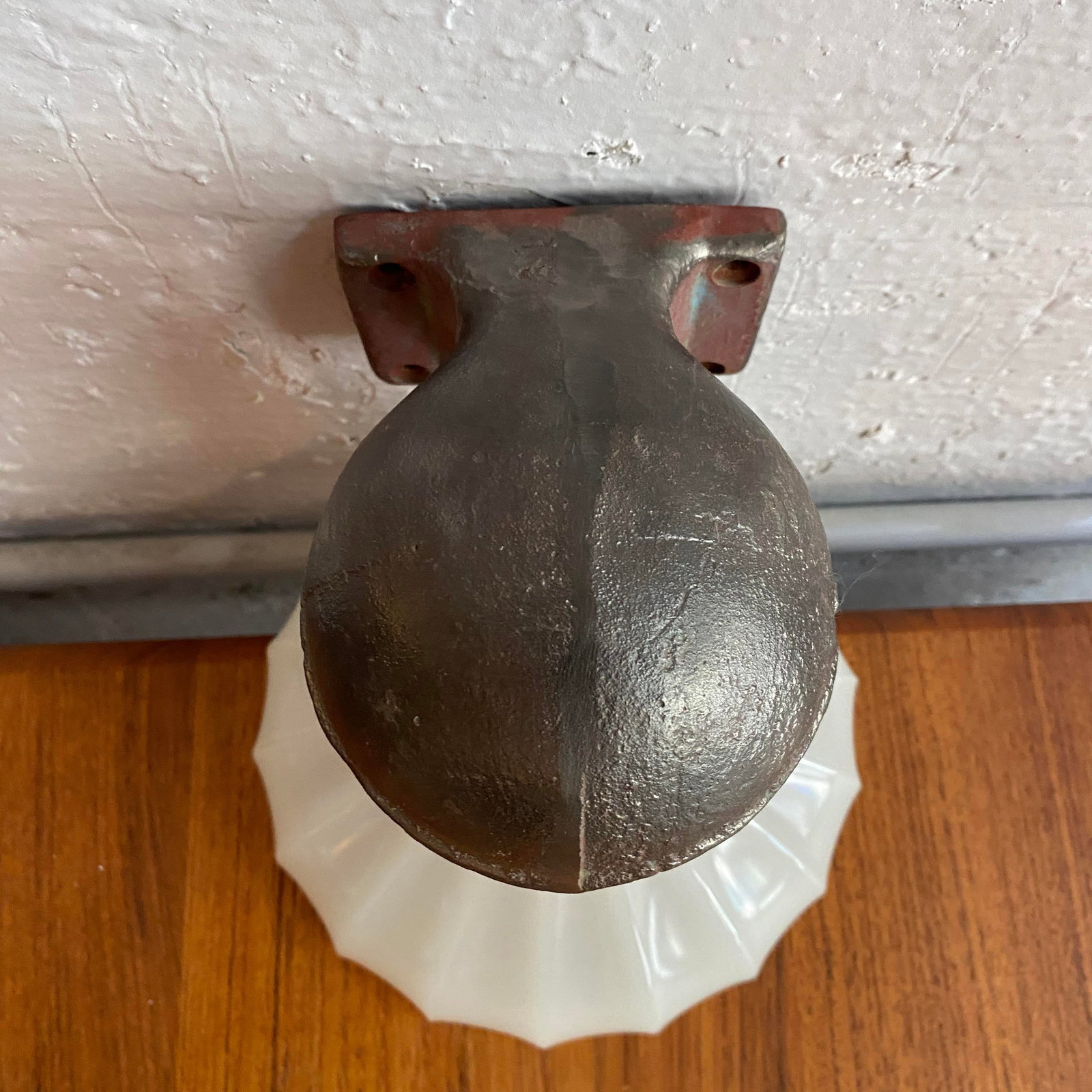 Antique Industrial Cast Iron Wall Sconce With Milk Glass Shade - 5