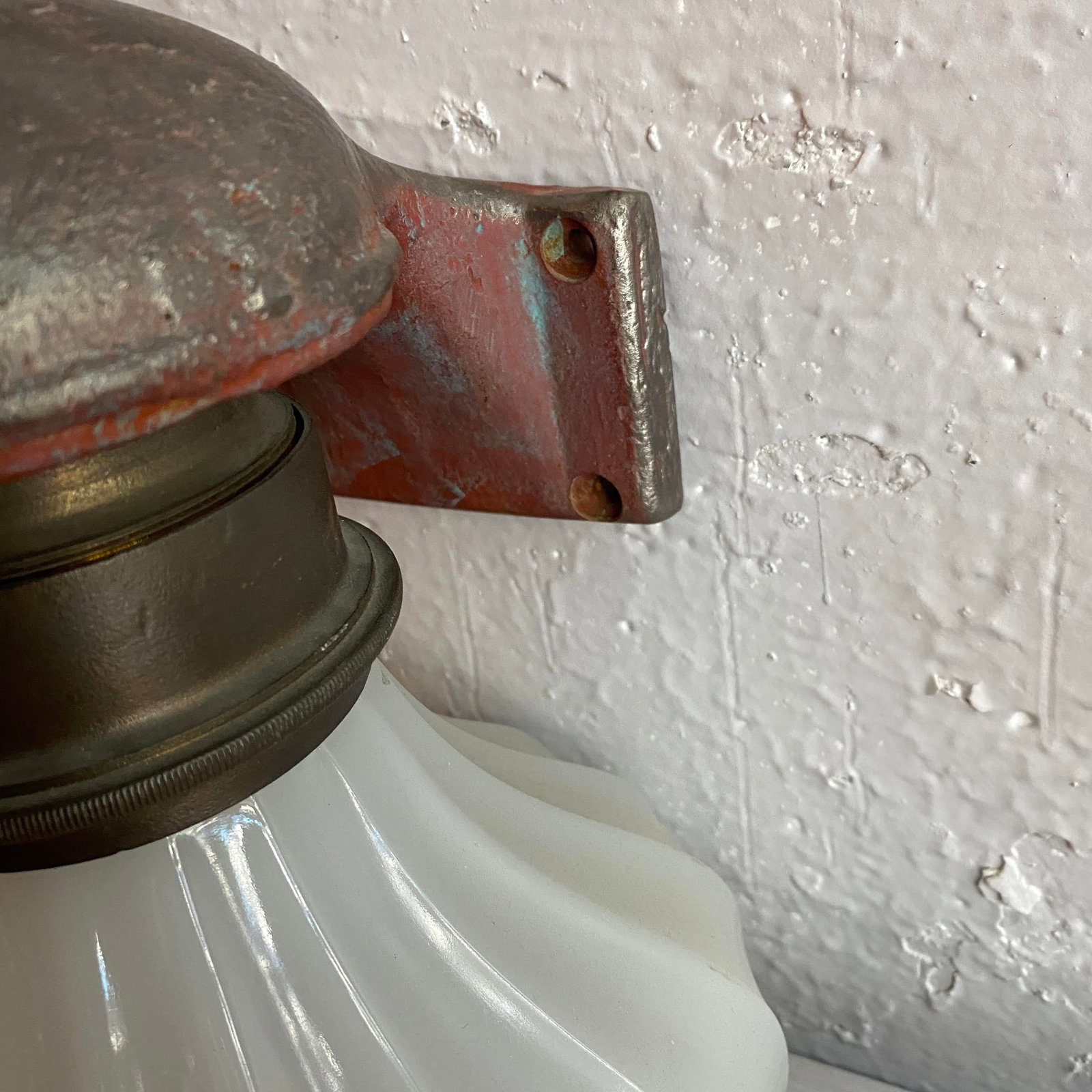 Antique Industrial Cast Iron Wall Sconce With Milk Glass Shade - 6