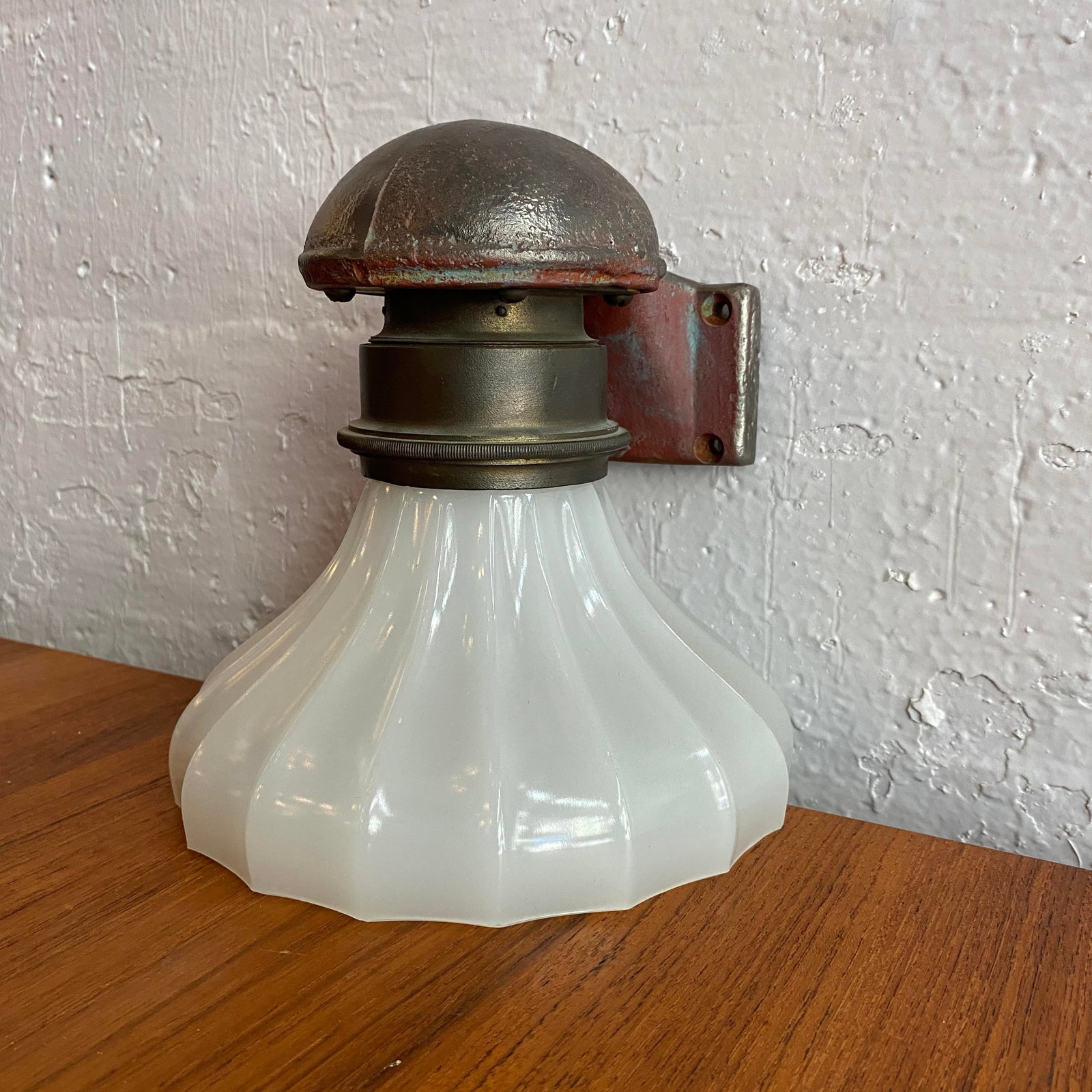 Antique Industrial Cast Iron Wall Sconce With Milk Glass Shade - 7