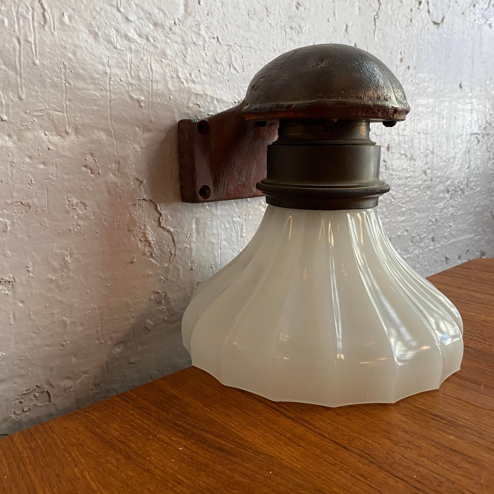 Antique Industrial Cast Iron Wall Sconce With Milk Glass Shade - 8