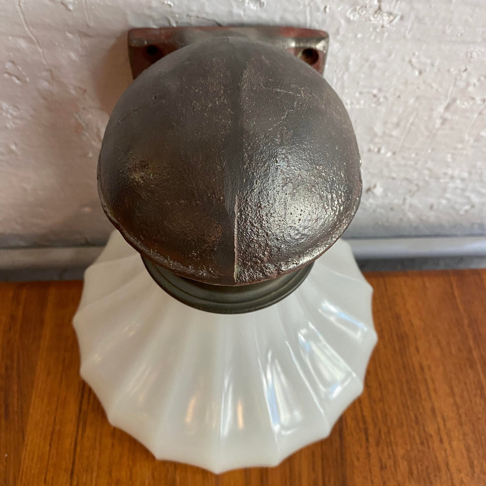 Antique Industrial Cast Iron Wall Sconce With Milk Glass Shade - 9