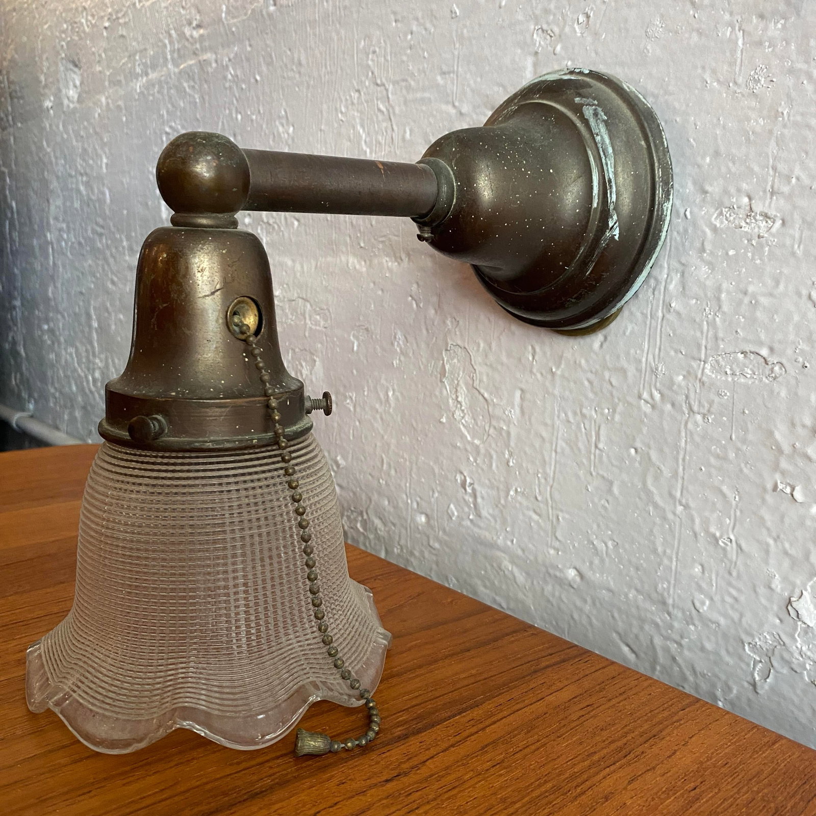 Antique Industrial Steel Wall Sconce With Holophane Glass Shade - 3