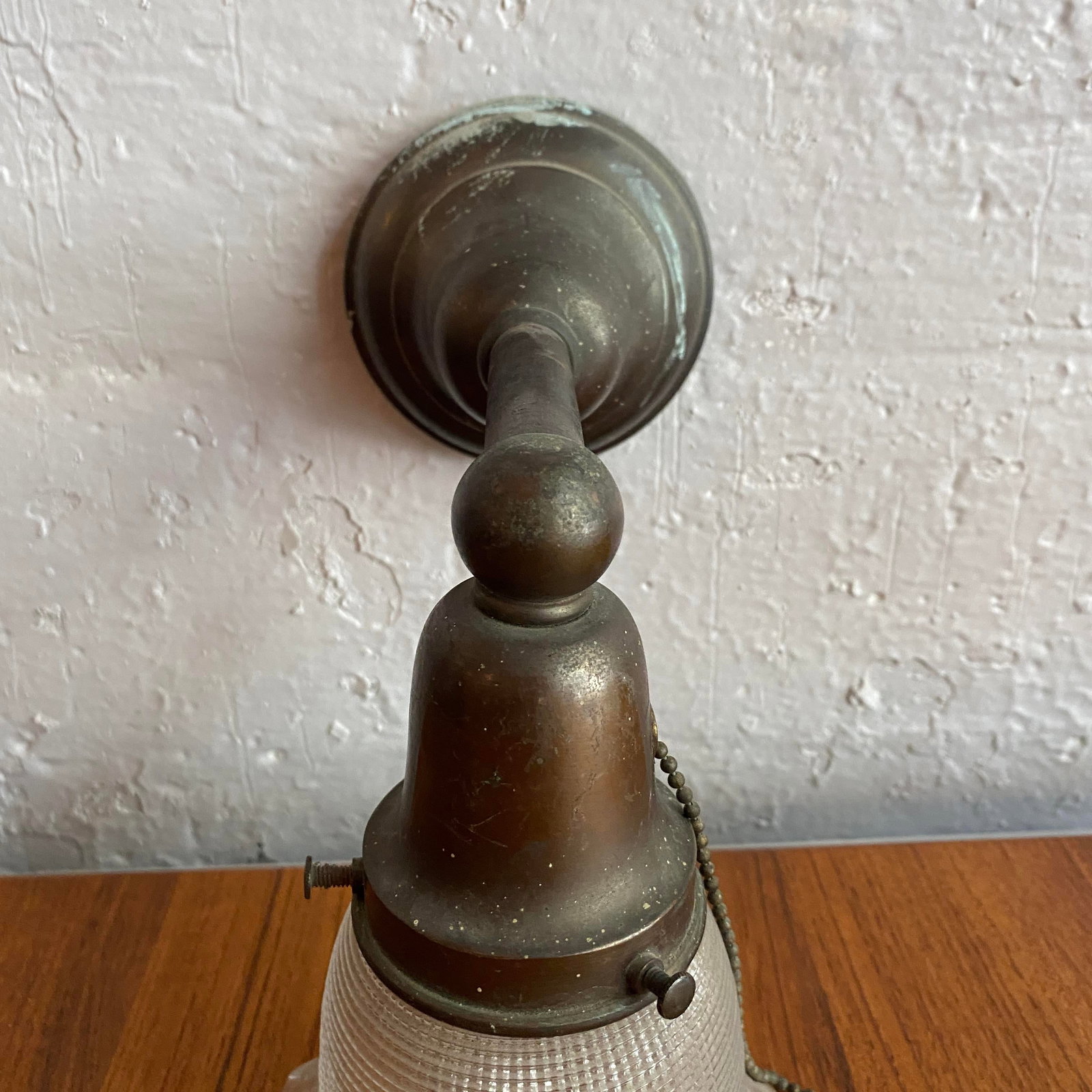 Antique Industrial Steel Wall Sconce With Holophane Glass Shade - 7