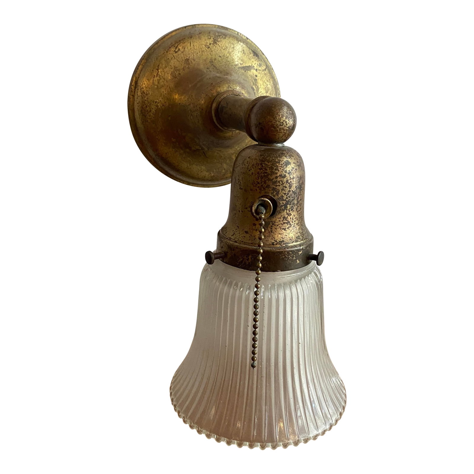 Antique Industrial Brass Wall Sconce With Acid-Etched Ribbed Glass Shade (1 of 10)