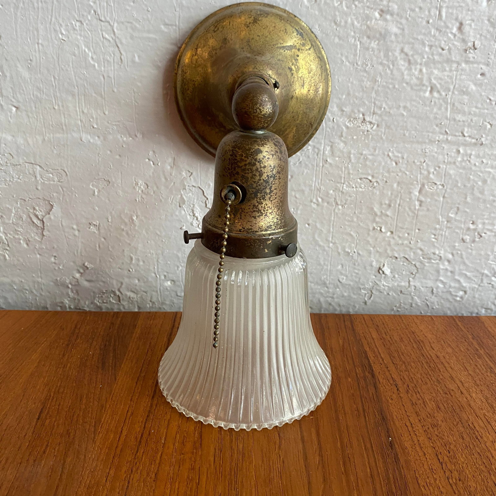 Antique Industrial Brass Wall Sconce With Acid-Etched Ribbed Glass Shade - 2