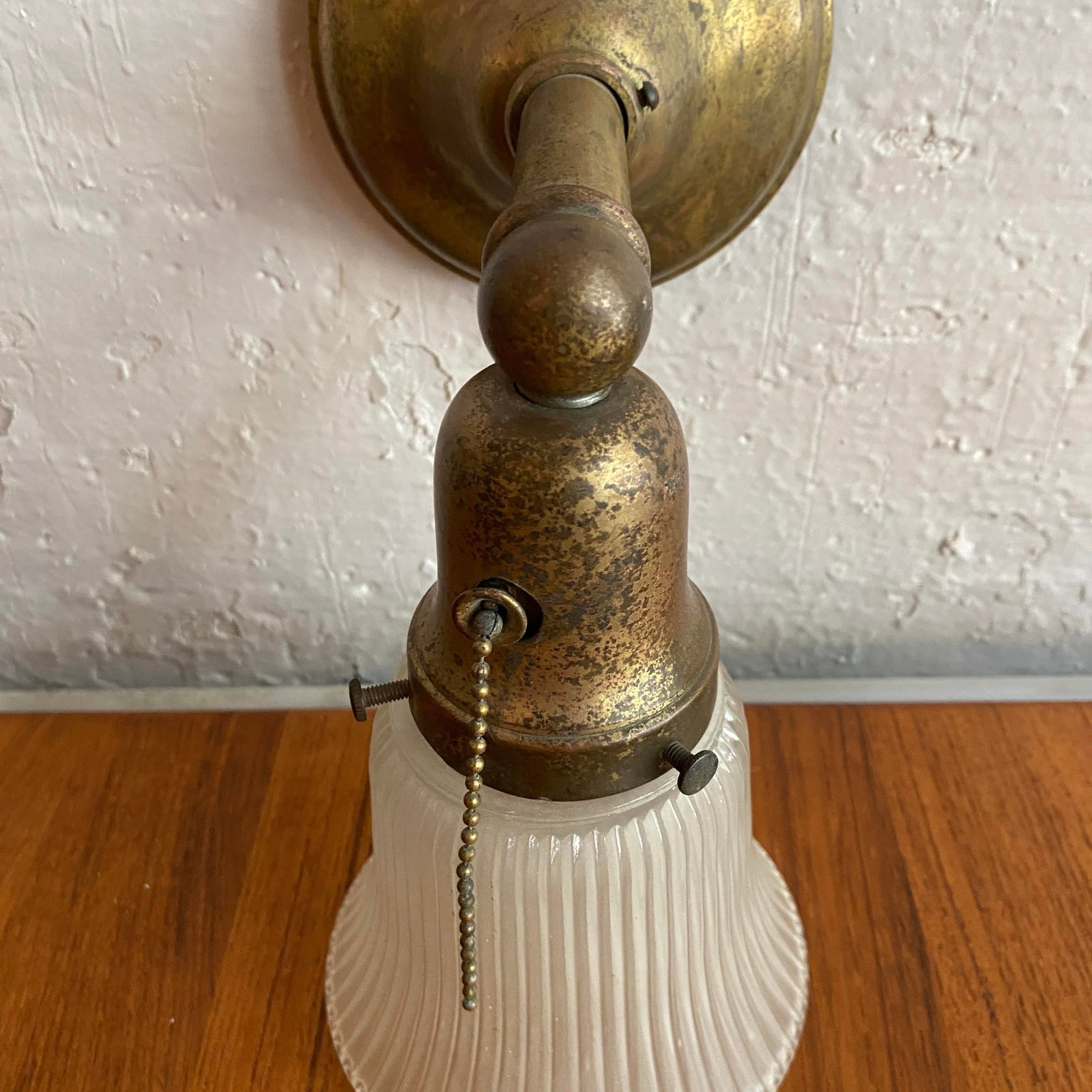 Antique Industrial Brass Wall Sconce With Acid-Etched Ribbed Glass Shade - 4