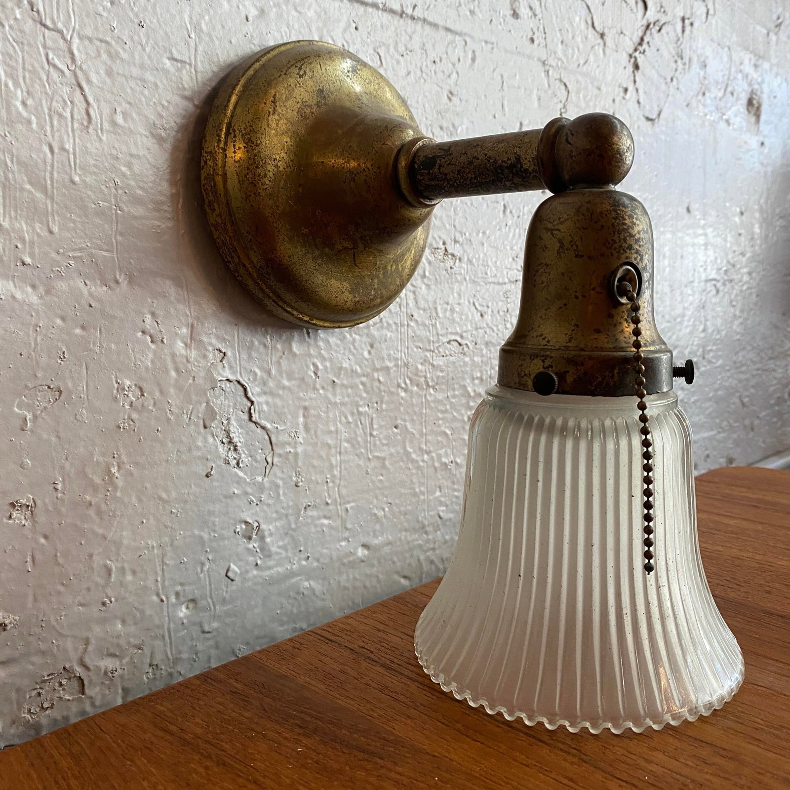 Antique Industrial Brass Wall Sconce With Acid-Etched Ribbed Glass Shade - 5