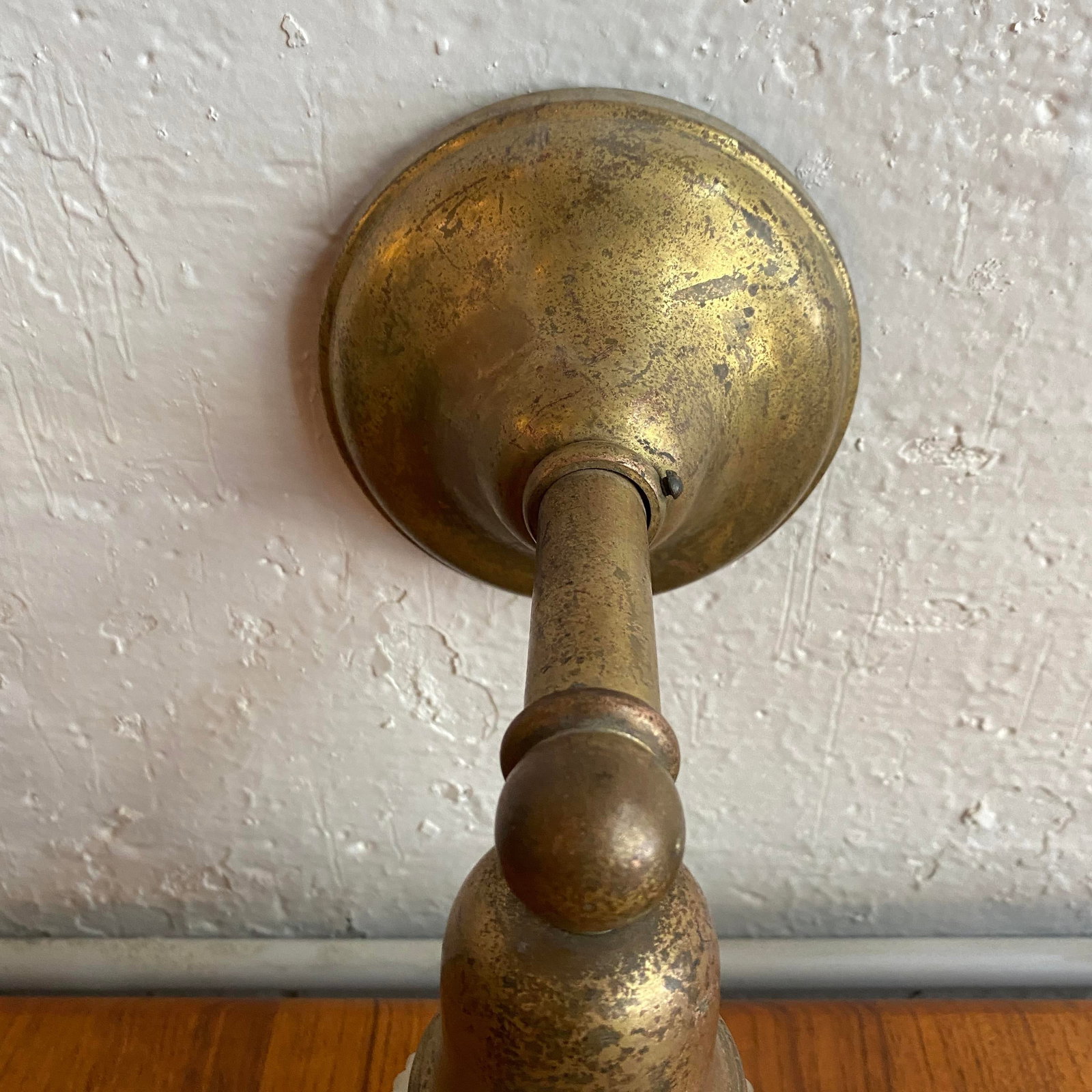 Antique Industrial Brass Wall Sconce With Acid-Etched Ribbed Glass Shade - 6
