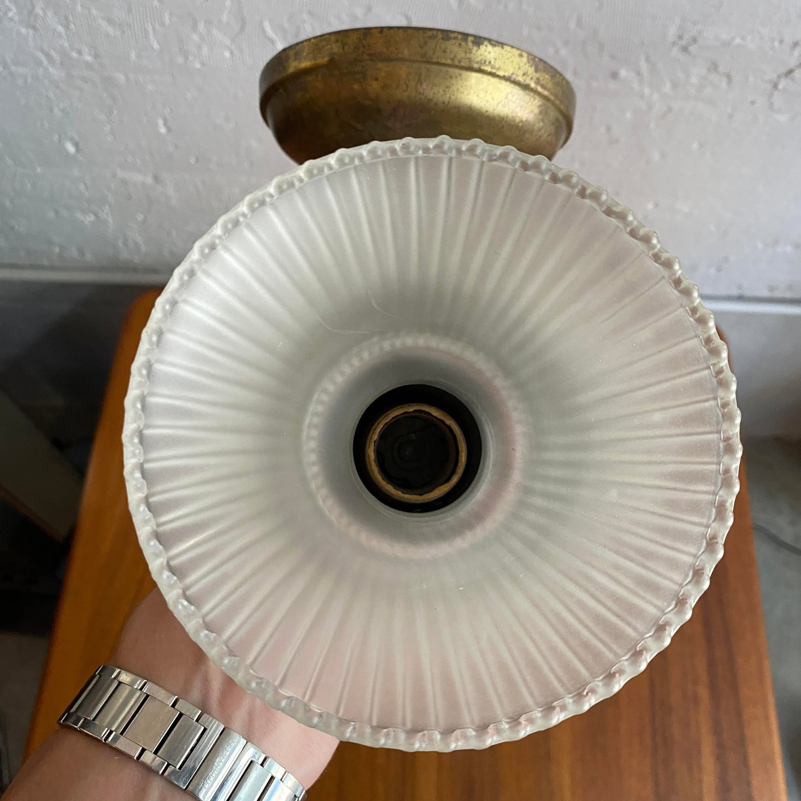 Antique Industrial Brass Wall Sconce With Acid-Etched Ribbed Glass Shade - 7