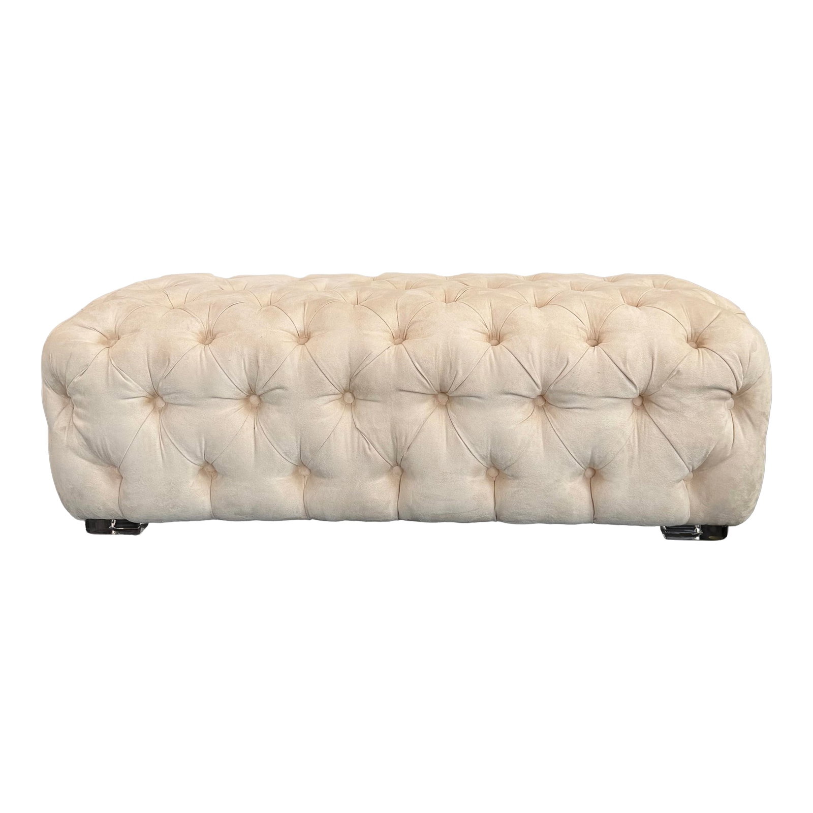 Shlomi Haziza Tufted Ultra-Suede Bench With Lucite Feet: Sumptuous, fully upholstered, cream, tufted ultrasuede, 51" bench by Shlomi Haziza for H Studio with Lucite feet. A longer bench is also available at 70" wide listed separately. Condition: Alterations