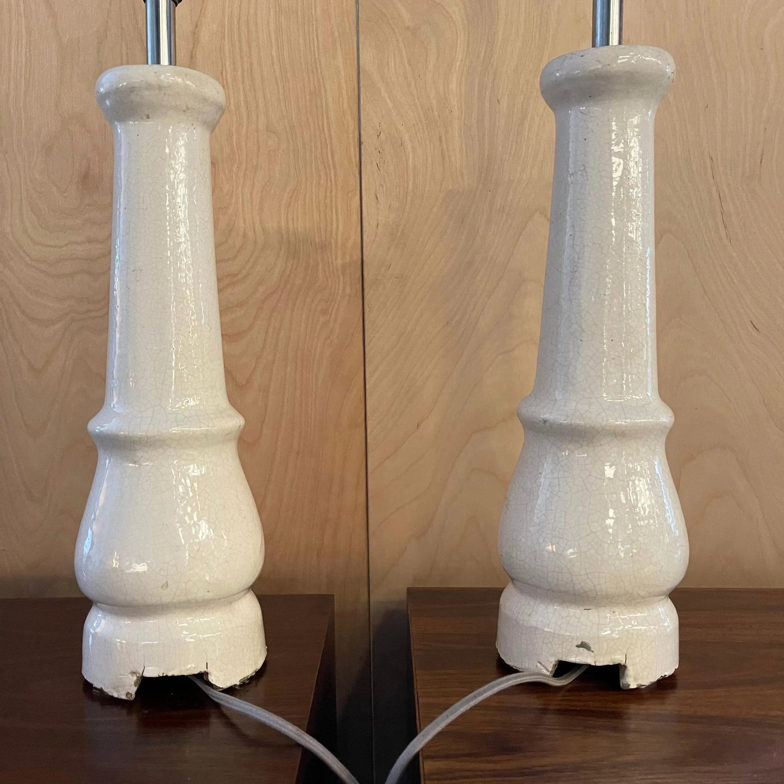 Early 20th Century White Porcelain Leg Table Lamps with Shades - A Pair - 12