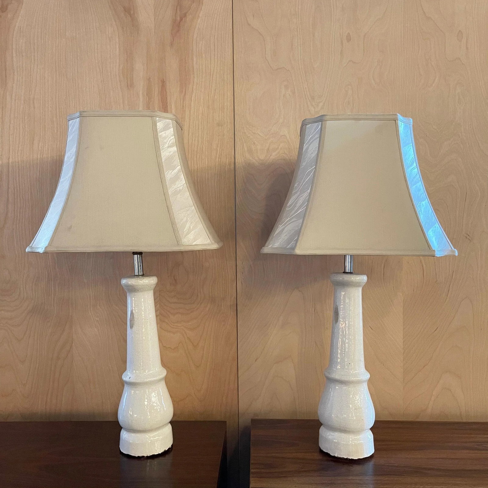 Early 20th Century White Porcelain Leg Table Lamps with Shades - A Pair - 2