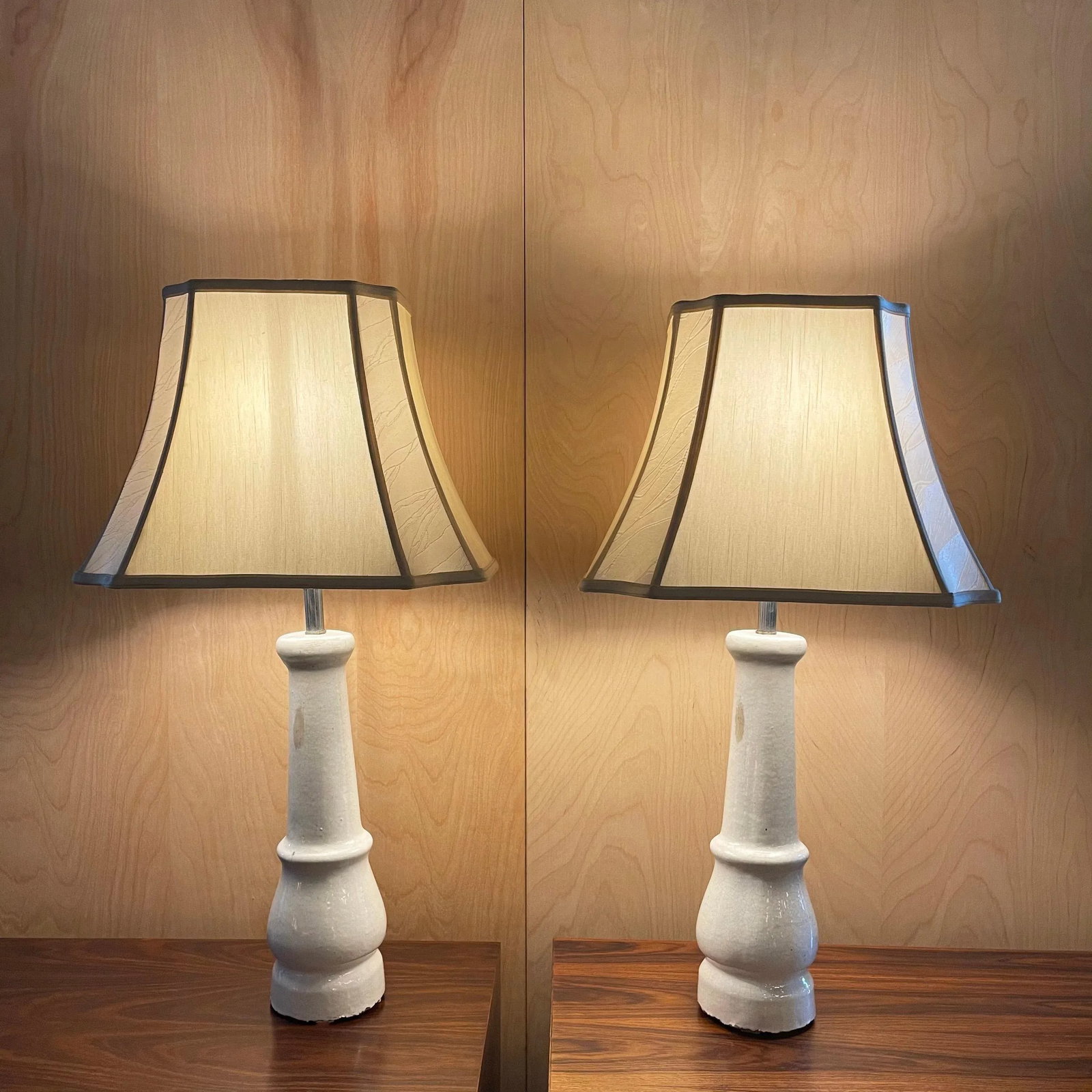 Early 20th Century White Porcelain Leg Table Lamps with Shades - A Pair - 3