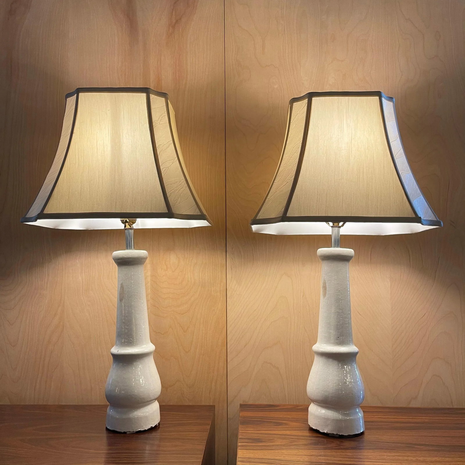 Early 20th Century White Porcelain Leg Table Lamps with Shades - A Pair - 4