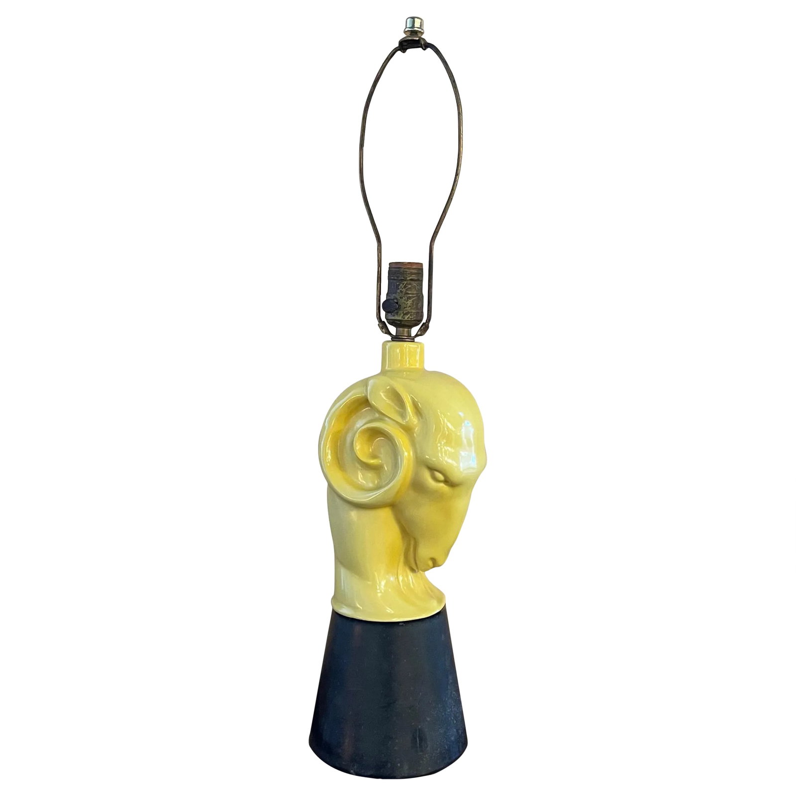 Mid 20th Century Hollywood Regency Yellow Ceramic Ram's Head Table Lamp (1 of 8)