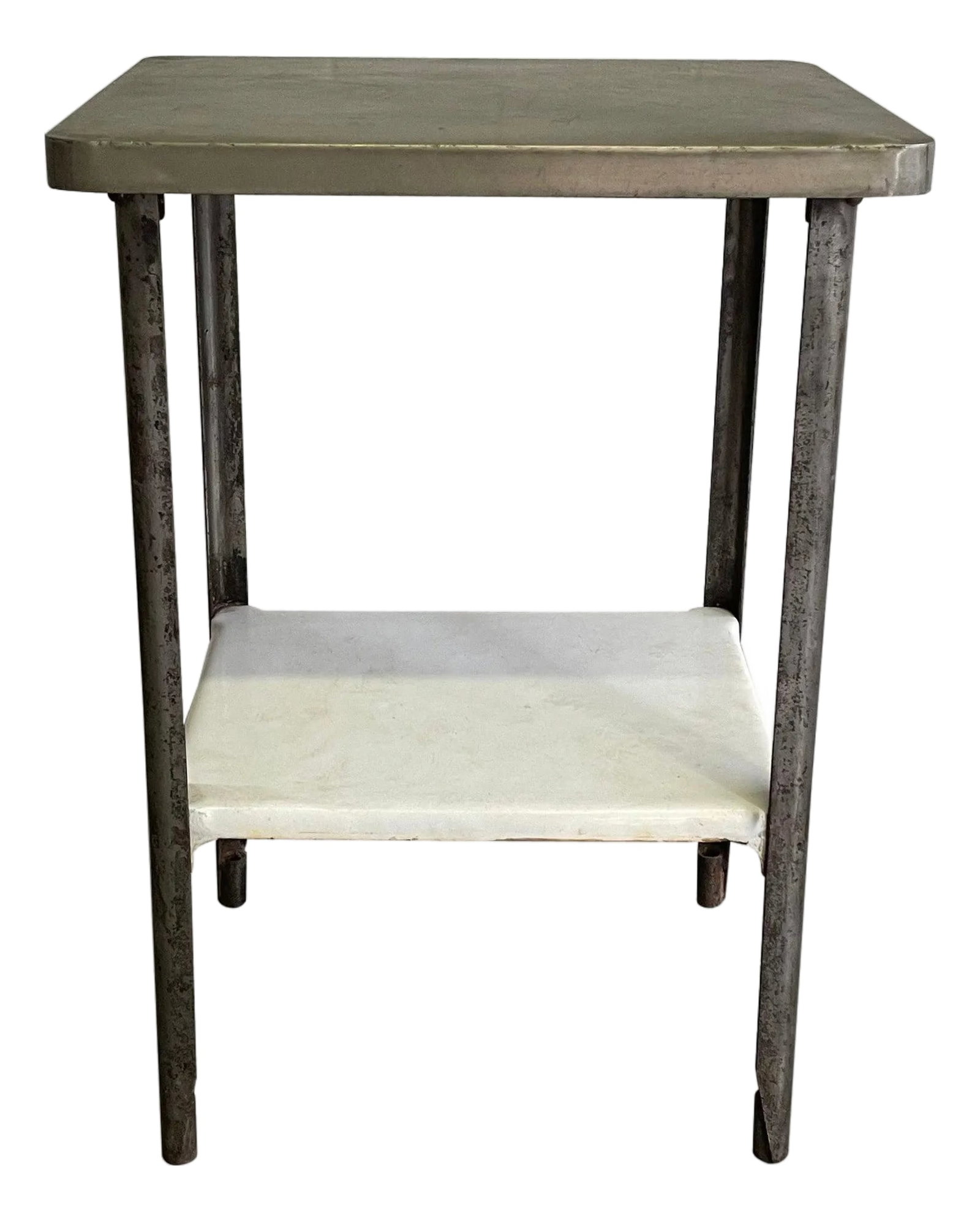 Late 19th Century Industrial Brushed Steel Apothecary Prep Table: Antique, industrial, zinc covered, cast iron, apothecary prep table features an enameled cast iron lower shelf at 11 inches height. Condition: Alterations: Original Condition Unaltered Imperfections: 