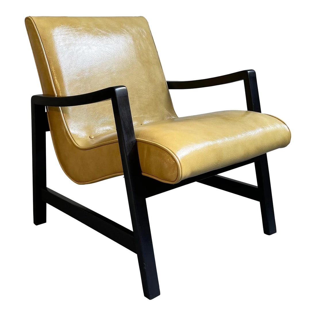 Mid 20th Century Jens Risom Mid-Century Modern Scoop Leather Lounge Chair: Mid-Century Modern, scoop, lounge chair by Jens Risom for Knoll features a minimal, black lacquered maple frame with a floating scoop seat newly upholstered in mustard yellow, textured leather. Condit