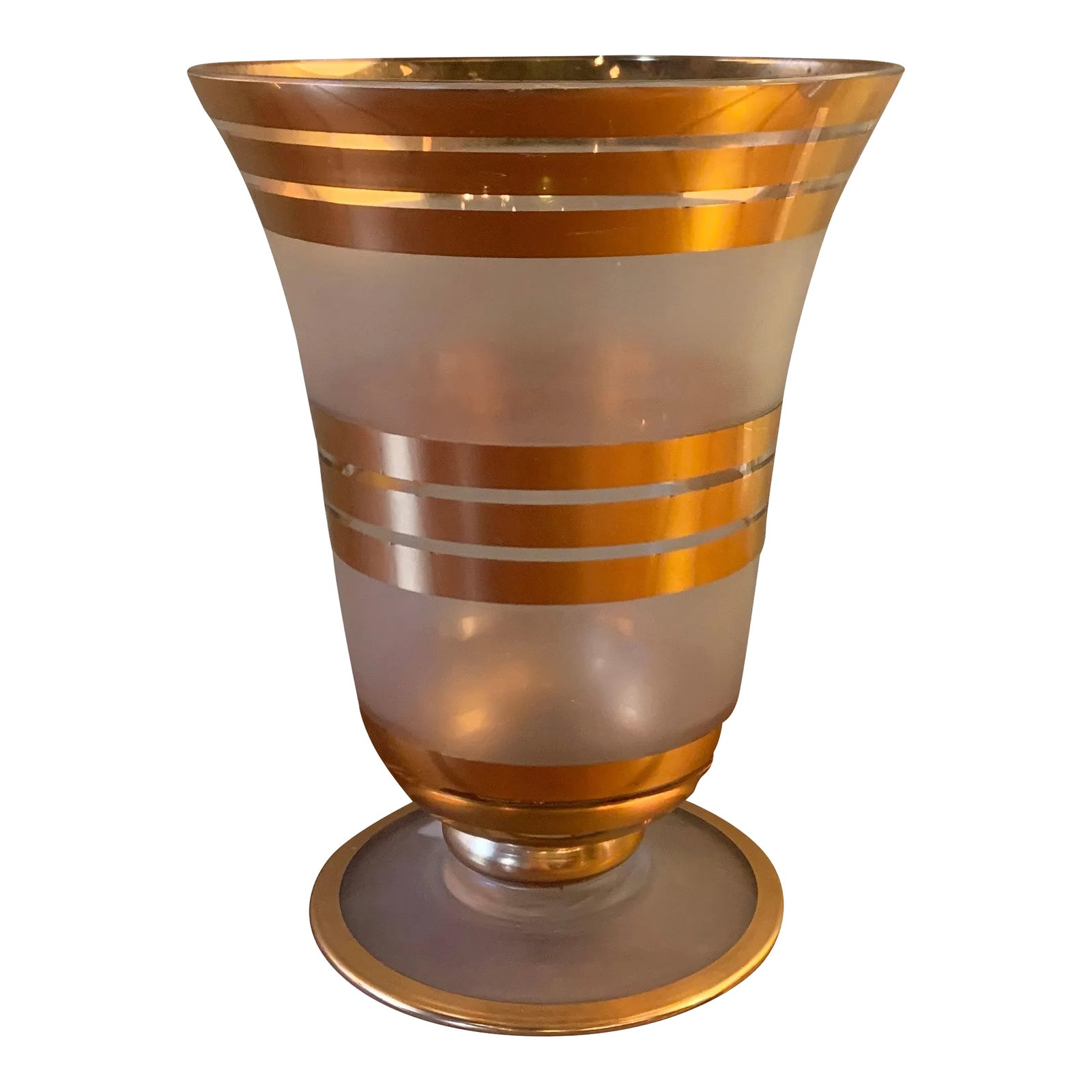 Mid 20th Century Gilt & Frosted Glass Decorative Vase: Decorative, midcentury, frosted glass vase features gilt banded detail. Condition: Alterations: Original Condition Unaltered Imperfections: Some Imperfections Condition Notes: Good Wear consistent