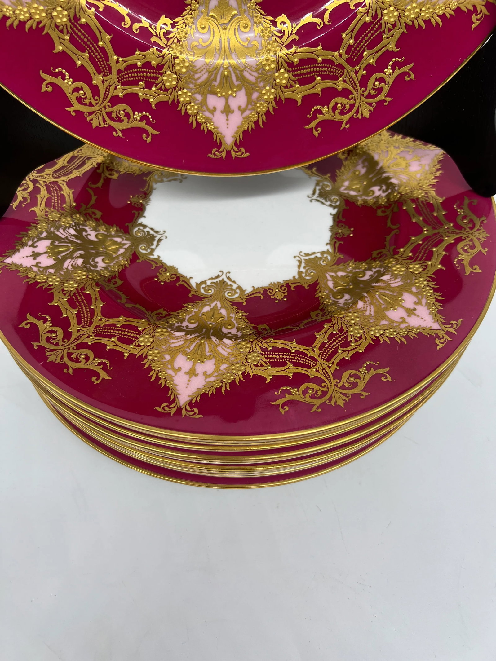 Set of 12 Royal Worcester Two- Tone Heavily Raised Gilt Decorated Dinner Plates - 9