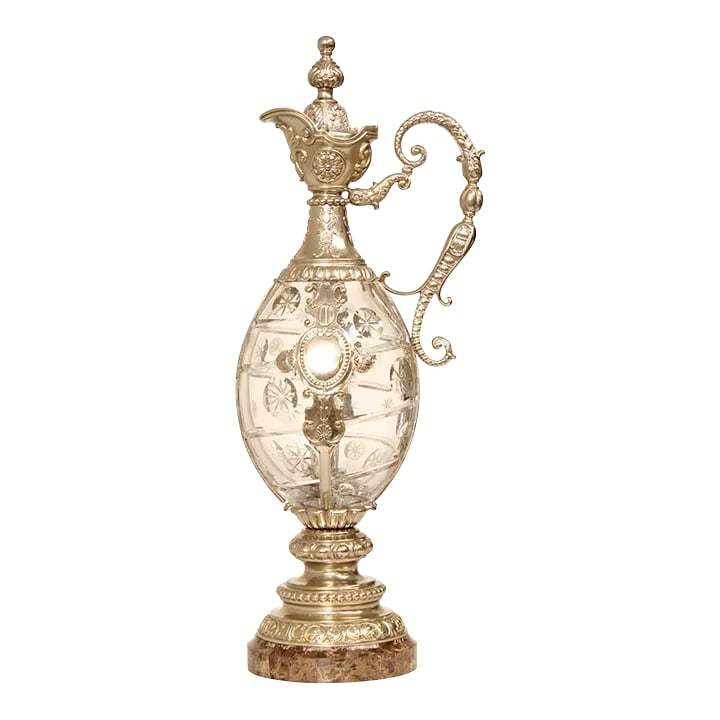 Maitland Smith Victorian Style Cut Crystal Silver Plated Ewer Pitcher: High Quality 19th Century Style Cut Crystal and Silver Plated Pitcher or Wine Claret Mounted on Marble Base Condition: Alterations: Original Condition Unaltered Imperfections: Some Imperfections