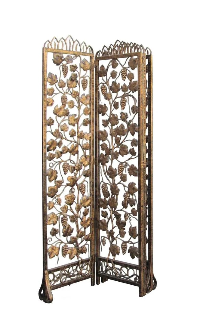 Handmade Golden Color Grape Leave Motif Metal Panel Screen Divider - 4