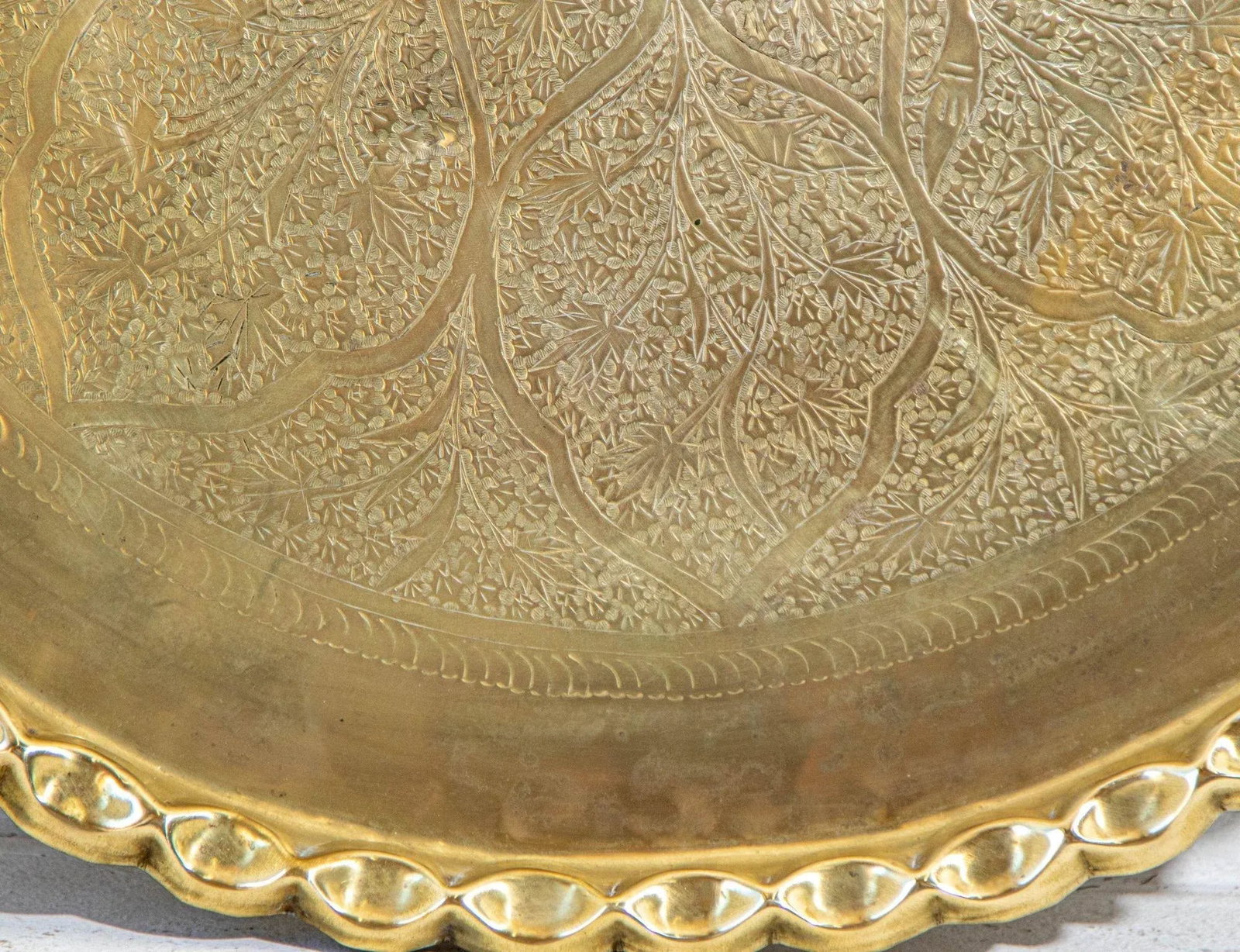 Antique Islamic Mughal Rajasthani Large Moorish Round Brass Tray With Crest Edges 30 In. - 6