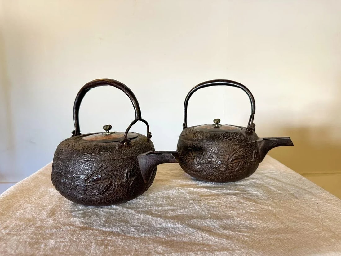 Pair of Antique Japanese Chosi Cast Iron Sake Kettles - 3