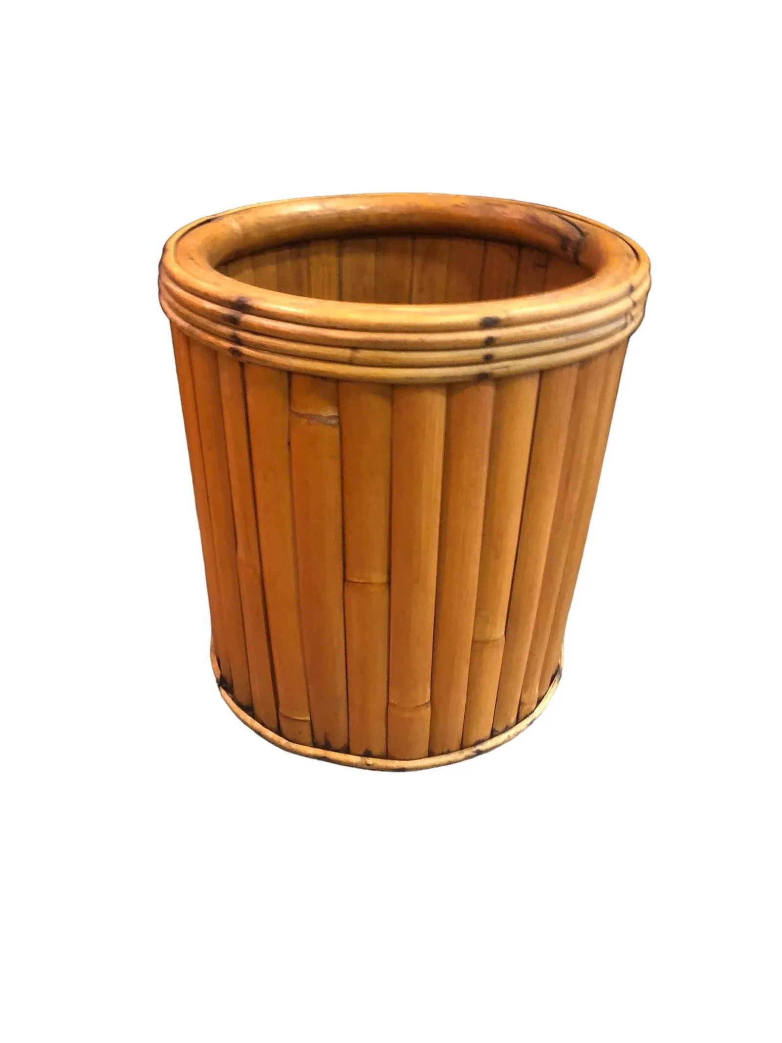 1960s Rattan and Bamboo Cachepot Vase - 3